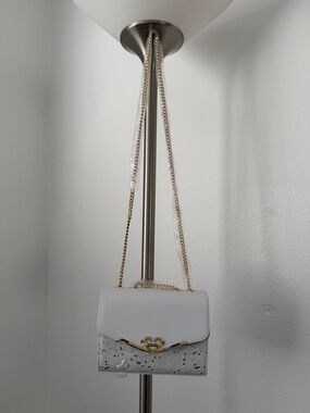 White and Silver Glitter Crossbody Bag with Gold Chain